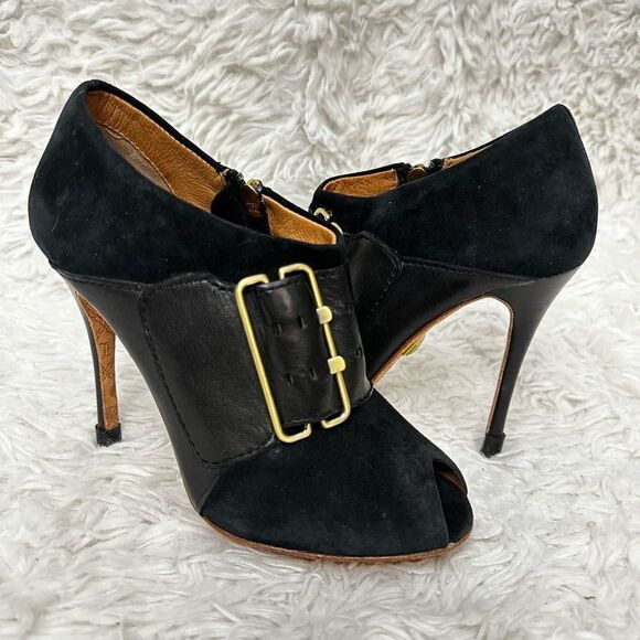 L.A.M.B. Black Peep Toe Leather & Suede Chunky Buckle Ultra High Heel sz 7 M - Picture 2 of 10
